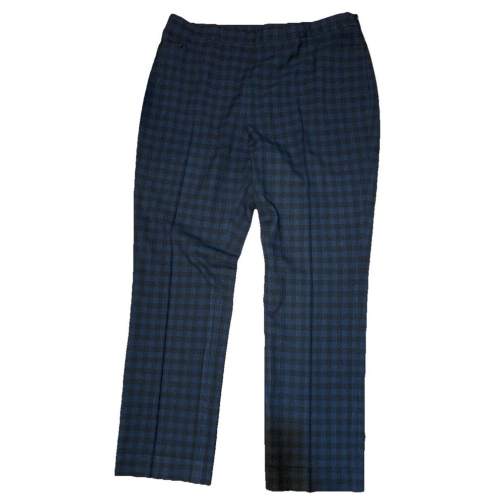 Akris Punto W Sz 14 Checkered Plaid Navy Blue Trouser Flat Front Workwear Preppy